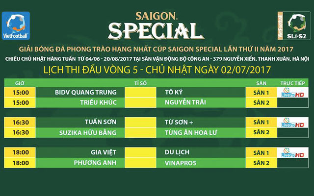Link trực tiếp vòng 5 giải hạng Nhất - Cúp Saigon Special 2017